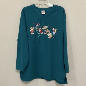 Vintage Disney Seven Dwarfs Embroidered V-Neck Teal Fleece Sweatshirt Sz XL